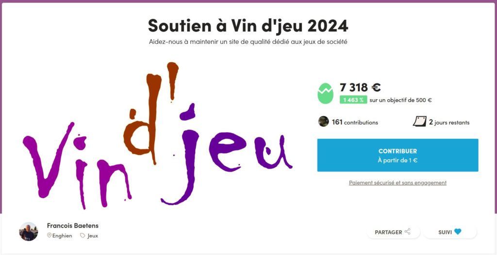 Vin d’jeu d’soutien sur Ulule: Plus que deux jours pour nous soutenir et pour remporter un des 175 jeux offerts (fin de la campagne ce mardi soir)